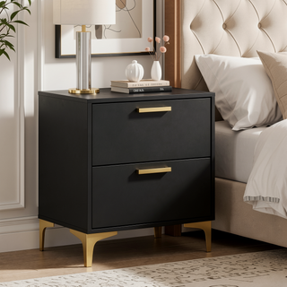 Sunvega Black and Gold 2-Drawer Nightstand with Spacious Storage and Metallic Accents