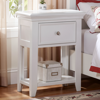 Sunvega Transitional White Nightstand with Drawer and Bottom Shelf for Bedroom