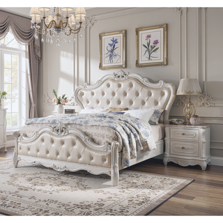 Sunvega White Transitional Nightstand with Faux Wood Carving and Nickel Hanging Pulls