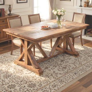 Sunvega Solid Wood Treston Dining Table with Broad Tabletop and Trestle Base