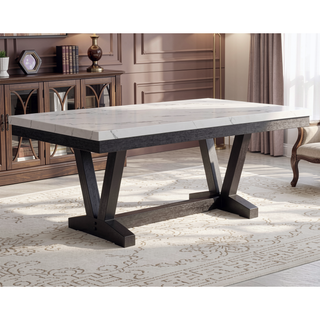 Sunvega Modern Dining Table with White Faux Marble Top and Black Trestle Base