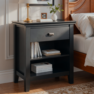 Sunvega Black Transitional Wood Bedside Table with Drawer and Storage Shelf