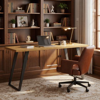 Sunvega Handcrafted Modern Industrial Dining Table with Solid Wood Oak Veneer Top