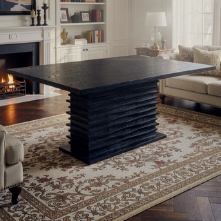 Sunvega Modern Black Rectangular Dining Table with Layered Pedestal Base