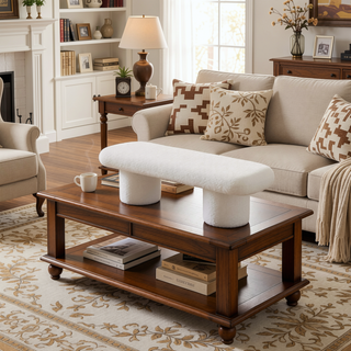 Sunvega Randolph Ivory Boucle Upholstered Bench with Sturdy Wood Frame