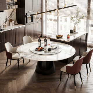 Sunvega 59 Inch Round Sintered Stone Dining Table with Stainless Steel Base for 6-8