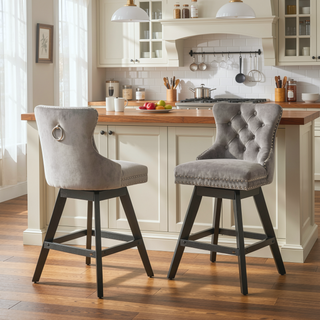 Sunvega Swivel Velvet Barstools with Button Tufted Back and Chrome Nailhead Trim