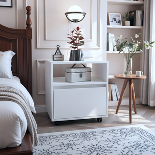Sunvega White Nightstand with Drawer and Casters for Bedroom or Living Room