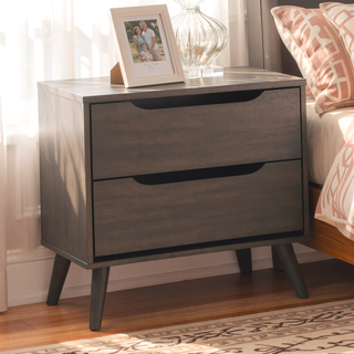 Sunvega Mid-Century Modern Black Solid Wood Nightstand with 2 Drawers and Round Tapered Legs
