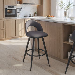 Sunvega Black Metal Swivel Bar Stool with Gray Faux Leather Upholstery