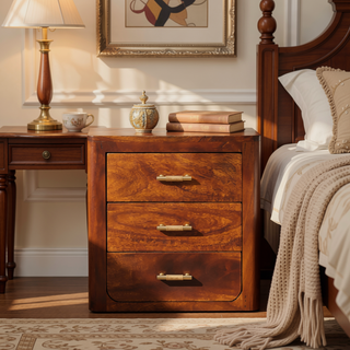 Sunvega Luca Dark Brown Chestnut Nightstand with 3 Drawers and Gold Knobs