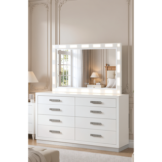 Sunvega Modern 8-Drawer Dresser with Mirror Lid and Jewelry Drawers in Weathered White