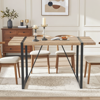 Sunvega Rustic Industrial Rectangular Wood Dining Table for 4-6 Person with Black Metal Legs
