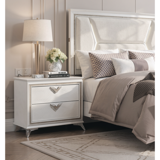 Sunvega Antique White Finish Nightstand with 2 Dovetail Drawers and Gold Accents