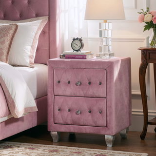 Sunvega Transitional Gray Upholstered Nightstand with Glass Top and Crystal Knobs