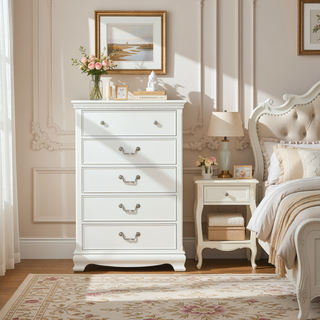 Sunvega White Wood Nightstand with Dovetail Drawers and Polished Nickel Knobs