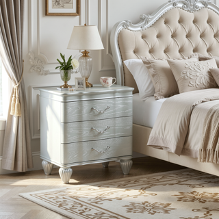 Sunvega Silver Wood Nightstand with Three Metal Drawer Pulls in Landmark Traditional Style