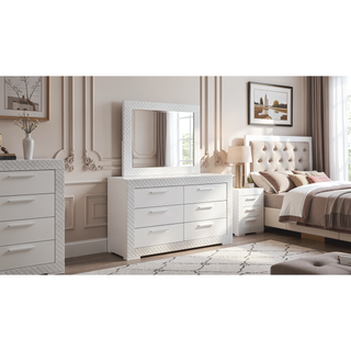 Sunvega Modern White Wood Dresser with Six Spacious Drawers and Plush Red Linings