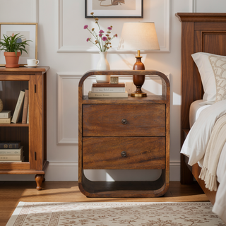 Sunvega Solid Mango Wood Chestnut Nightstand with 2 Drawers and Open Slots