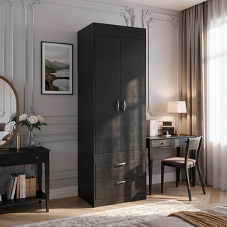 Sunvega Double Door Armoire with Two Drawers and Integrated Hanging Rod