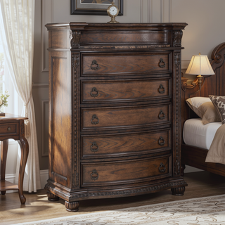 Sunvega Traditional Formal Style Marble Top Five Drawers Tall Chest with Intricate Moldings