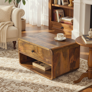 Sunvega Solid Mango Wood Wall Mounted Floating Bedside with Drawer and Open Shelf