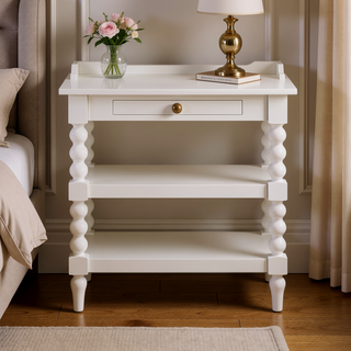 Sunvega Antique White Aria Nightstand with Pull-Out Tray and Vintage Spool Turned Legs