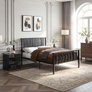 Sunvega Industrial Metal Frame Nightstand with Wooden Top and Two Open Shelves