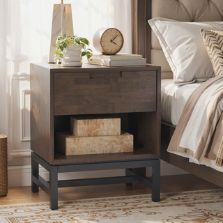 Sunvega Mid Century Nightstand with Storage Drawer and Walnut Brown Finish