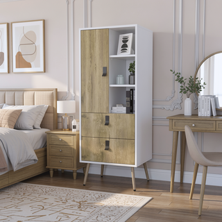 Sunvega Magness White Macadamia Tall Dresser with Two Large Drawers and Open Shelves