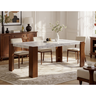 Sunvega Contemporary Dining Table with Engineered Stone Top and Walnut Finish