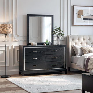 Sunvega Modern Black Nightstand with Two Drawers and Built-In AC USB Outlets