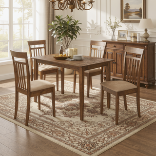 Sunvega Transitional Chestnut Dining Set with Four Tan Microfiber Chairs