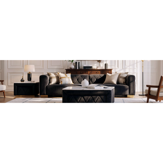 Sunvega Oval Faux Marble Top Nightstand with Two Drawers and Button Tufted Black Fabric