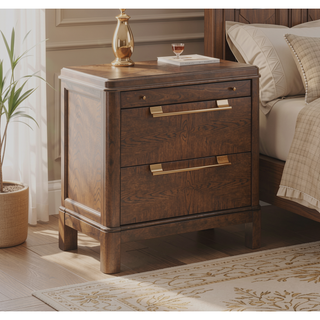Sunvega Brown Walnut Nightstand with Two Drawers and Pull-Out Shelf