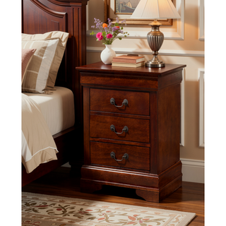 Sunvega Warm Cherry Finish Nightstand with Three Large Drawers for Bedroom