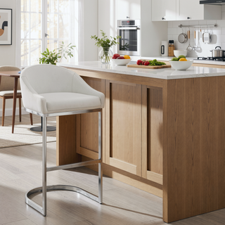 Sunvega Brushed Stainless Steel Bar Stool with White Faux Leather Upholstery