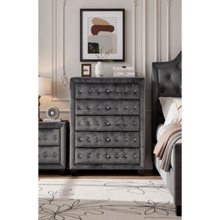 Sunvega Sophia Cream Velvet Upholstered Crystal Tufted 5-Drawer Chest for Bedroom