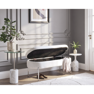 Sunvega Glam Contemporary Storage Bench with Chrome Metal Base and Faux Leather