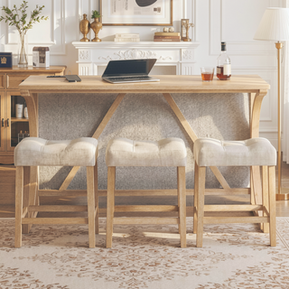 Sunvega 59 Inch Bar Table Set with Power Outlet and 3 Upholstered Stools for Living Room