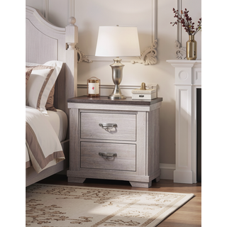 Sunvega Farmhouse Rustic Style Two Drawers Nightstand with Metal Pull and Gray Top