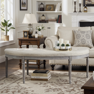 Sunvega Light Beige Button Tufted Upholstered Bench with Weathered Gray Wooden Legs