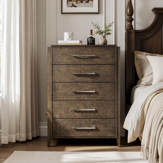 Sunvega Solid Rubberwood Nightstand with Two Drawers in Dark Walnut Finish