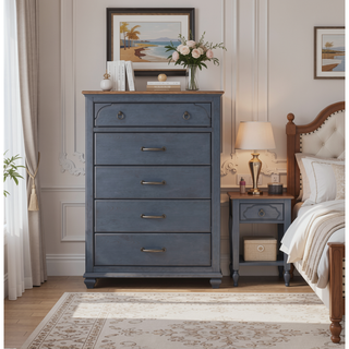 Sunvega Corduroy Blue Finish No Assembly Required Five Drawer Chest with Antique Pewter Hardware