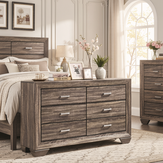 Sunvega Mid-Century Modern Six-Drawer Dresser in Washed Taupe Finish with Exposed Wood Grain