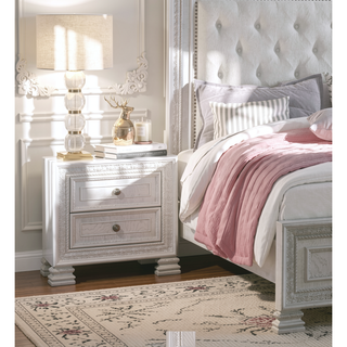 Sunvega Classic Luxury Pearl White Finish Nightstand with 2 Dovetail Drawers Dart Molding