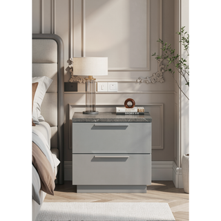 Sunvega Mist Nightstand with Two-Tone High-Gloss Marble Lacquer Finish and Two Spacious Drawers
