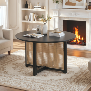Sunvega 31.5 Inch Round Bohemian Style Solid Wood Coffee Table with PE Cane Stand