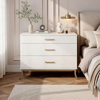 Sunvega 3-Drawer Dresser with Gold Bar Pull Handles and Curved Metal Legs