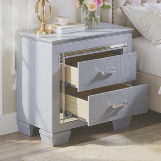 Sunvega Silver Faux Alligator Embossed Nightstand with 2 Dovetail Drawers and LED Lighting
